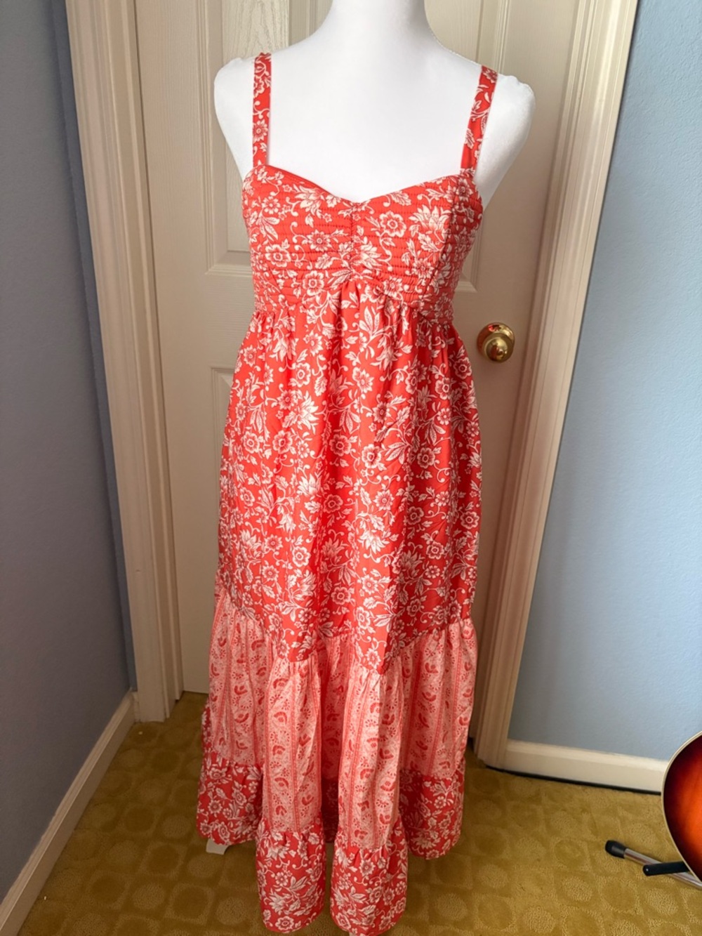 Coral Floral Maxi Sundress with Smocked Bodice